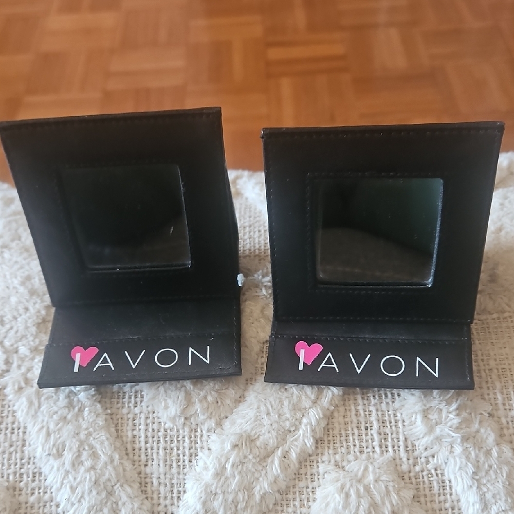 Avon Black Compact Mirror Duo with Pink Heart Logos. Set Of 2